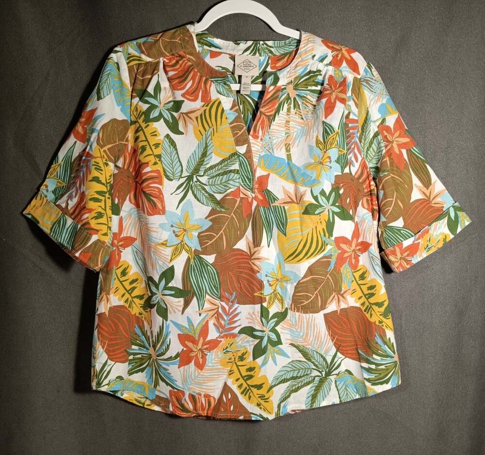 St Johns Bay Tropical Floral Size Medium Shirt Top Cotton Linen Beachy Lagenlook